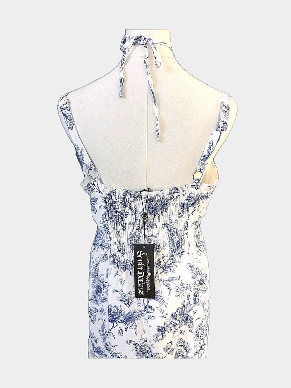 Scarlet Darkness Blue White Floral Toile Halter Midi Dress Size L NWT - Picture 6 of 10